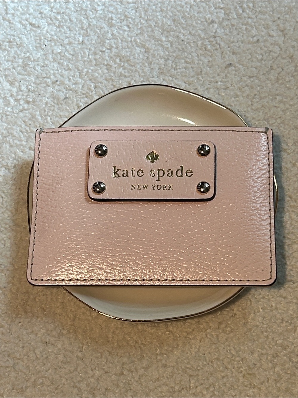 Kate Spade Pale Pink Pebbled Leather Card Holder with Gold Logo